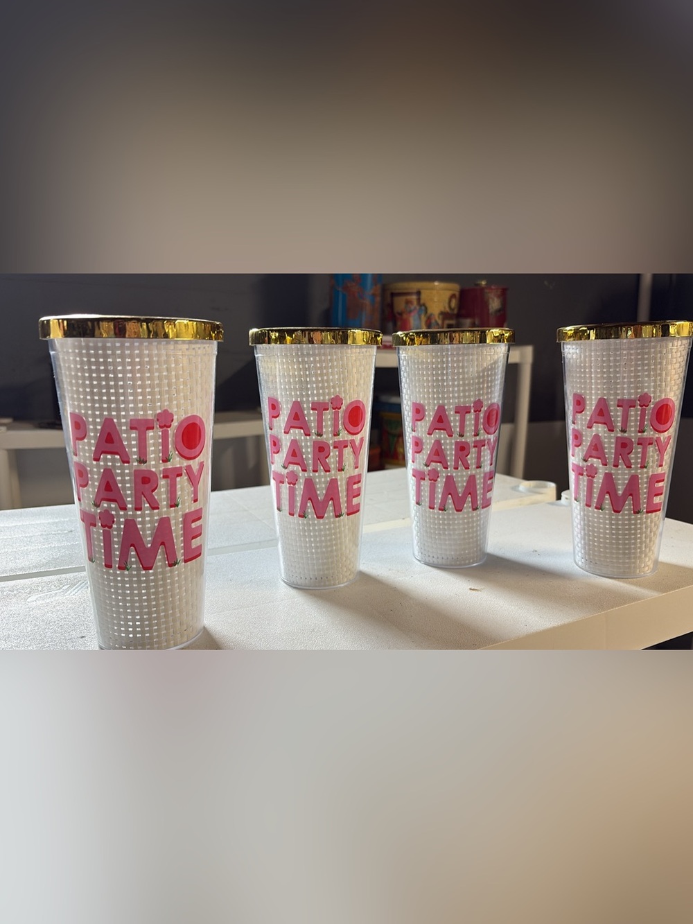 Set of 4 Patio Party Time Acrylic Tumblers with Gold Lids